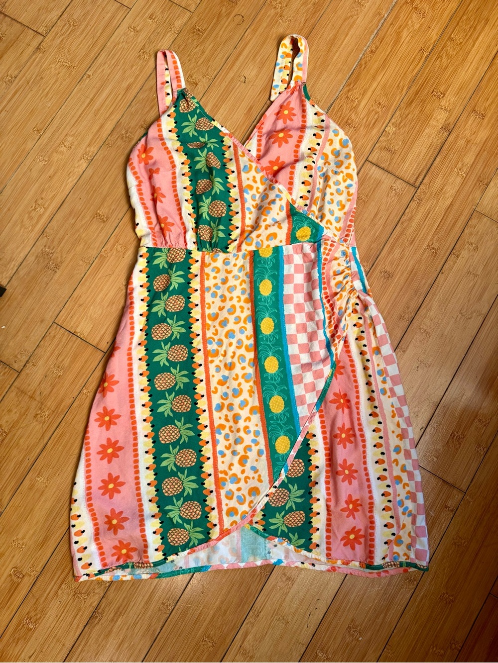 NWOT Colorful Patchwork Wrap Mini Dress Size Medium | Jazz Fest Boho Tropical